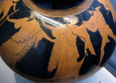 Idas in Marpessa sta ločena z Zevsom. Podstrešni rdečelični psikter, c. 480 B.C., avtorja slikarja Pan.