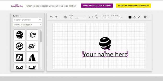 Posnetek zaslona brezplačnega izdelovalca logotipov LogoGarden
