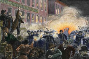 Barvna ilustracija leta 1886 Haymarket Square Riot