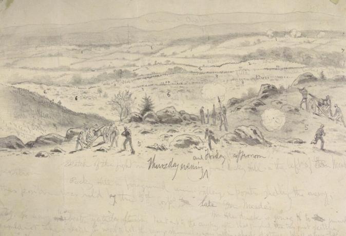Stališča Unije na Little Round Top je upodobljena v skici iz vojnega časa umetnika Edwina Forbesa