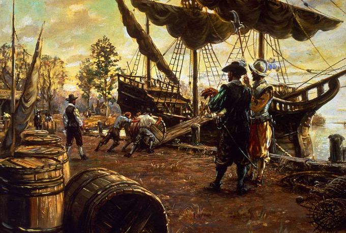 Naseljevalci spuščajo tobačne sode po rampi in na ladjo v pripravi na izvoz, Jamestown, Virginia, 1615.