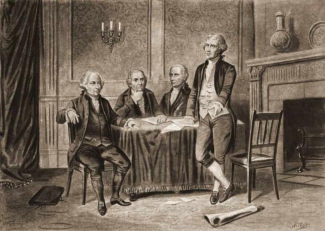 Prikaz štirih ustanovnih očetov ZDA z leve, John Adams, Robert Morris, Alexander Hamilton in Thomas Jefferson, 1774.