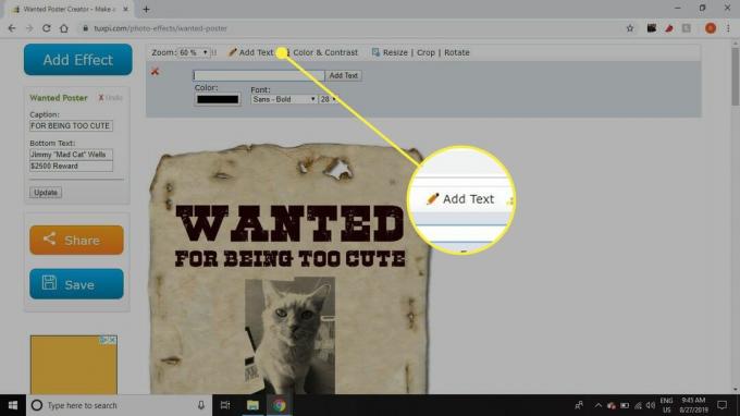 Posnetek zaslona Tuxpija z označenim gumbom Dodaj besedilo