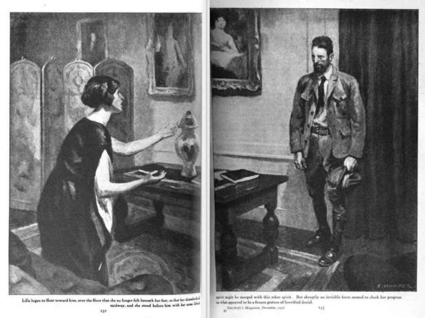 Črno-bela ilustracija klečeče ženske in vojaka z naklonjeno glavo.