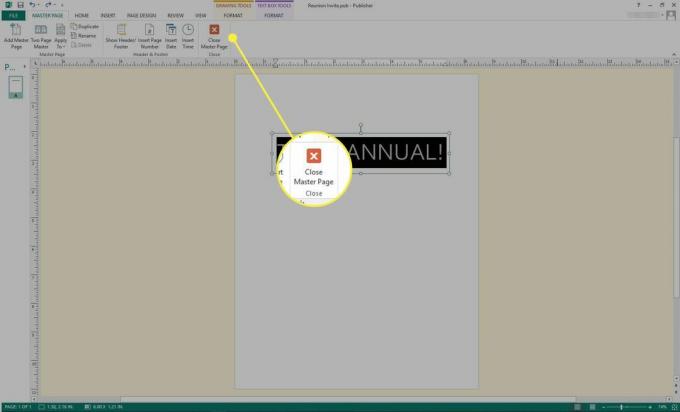 Posnetek zaslona programa Microsoft Publisher z označenim gumbom "Zapri glavno stran"
