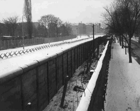 Liebenstrasse Pogled na Berlinski zid z notranjim zidom, jarkom in barikadami.
