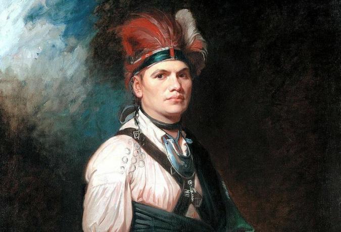 Joseph Brant v indijanski obleki z pokrivalo