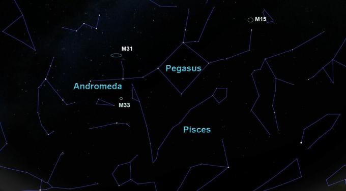 ozvezdje Pegasus s svojimi sosedi in nekaterimi globoko nebesnimi predmeti.