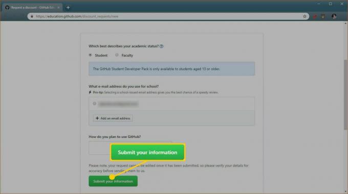 Posnetek zaslona obrazca za prošnjo za študentske ugodnosti GitHub.