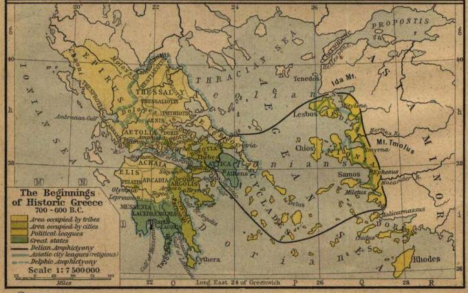 Zemljevid, ki prikazuje Grčijo okoli 600 do 700 B.C. z Egejskim morjem in Malo Azijo.