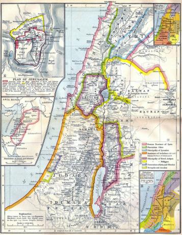 Zemljevid starodavne Palestine z črkami, ki prikazujejo Jeruzalem in vladanja Davida, Salomona, Joshua in sodnikov