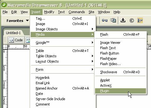 Posnetek zaslona, ​​kako vstaviti medijski vtičnik Dreamweaver