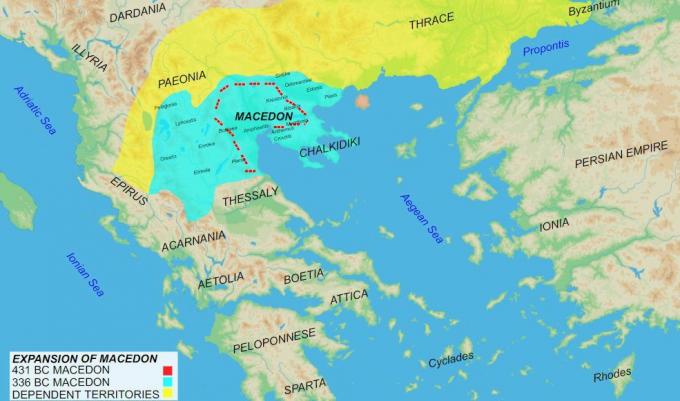 Zemljevid makedonskega cesarstva, ki prikazuje zgodovino in rast.