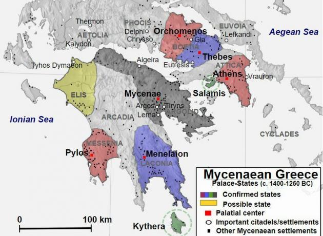 Zemljevid, ki prikazuje mikensko Grčijo med letoma 1400 in 1250 B.C.