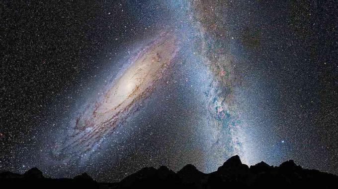 Andromeda in Mlečna pot trčita, kar se vidi s površine planeta znotraj naše galaksije.