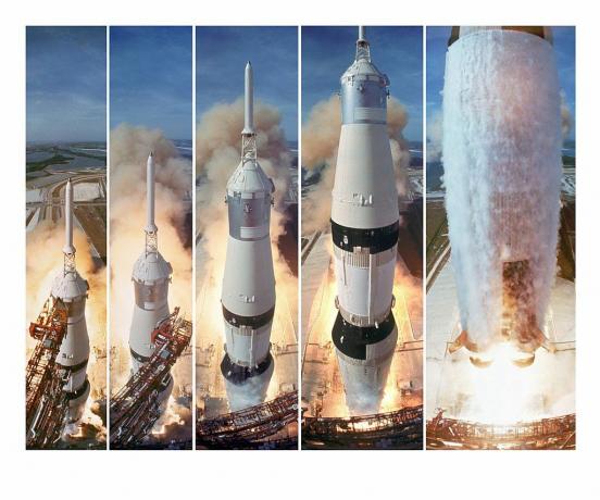 Pojačevalniki Saturn V se odpeljejo z vozilom Apollo 11