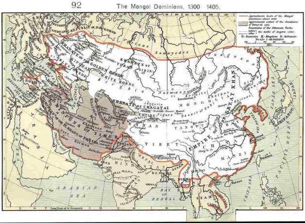 Zemljevid, ki prikazuje mongolske prevlade okoli 1300 do 1405.