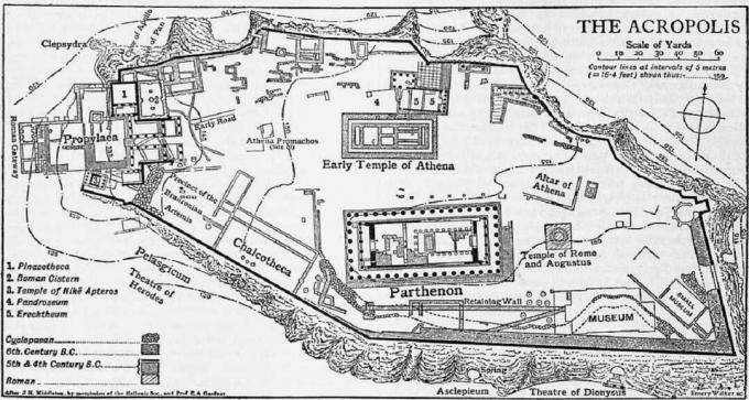 Zemljevid papirja in črnila, ki prikazuje Atensko akropolo skozi čas.