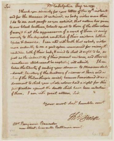 Pismo Thomasa Jeffersona iz leta 1791 Benjaminu Bannekerju