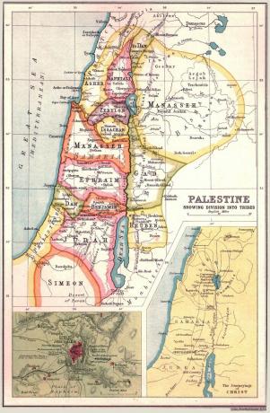 Zemljevid Palestine, ki prikazuje ozemlja dvanajstih izraelskih plemen z vložki Jeruzalema in Maribora