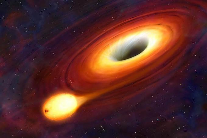 Črna luknja je predmet tako kompakten, da ničesar ne more ubežati njenemu gravitacijskemu potepu. Niti svetlobe ne. Na Zemlji je treba objekt izstreliti s hitrostjo 11 km / s, če želimo uiti gravitaciji planeta in iti v orbito. Toda hitrost bega črne luknje presega hitrost svetlobe. Ker nič ne more potovati hitreje od te končne hitrosti, črne luknje sesajo vse, vključno s svetlobo, zaradi česar so popolnoma temne in nevidne. Na tej sliki lahko vidimo črno luknjo, vendar le zato, ker jo obdaja pregret kolut materiala, nabiralni disk. Čim bližje je luknji material, tem več svetlobe se ujame, zato luknja proti sredini postane temnejša.