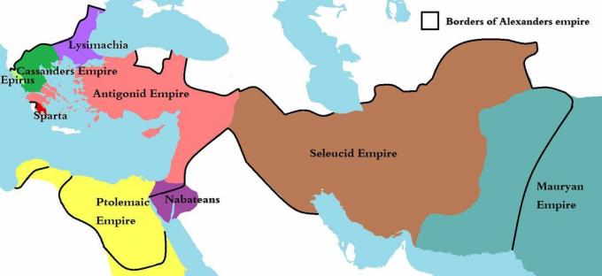 Kraljestva Diadochi, ki prikazujejo imena in meje Aleksandrovega cesarstva.