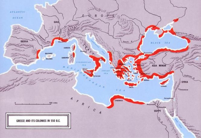 Zemljevid, ki prikazuje Grčijo in njene kolonije leta 550 B.C.