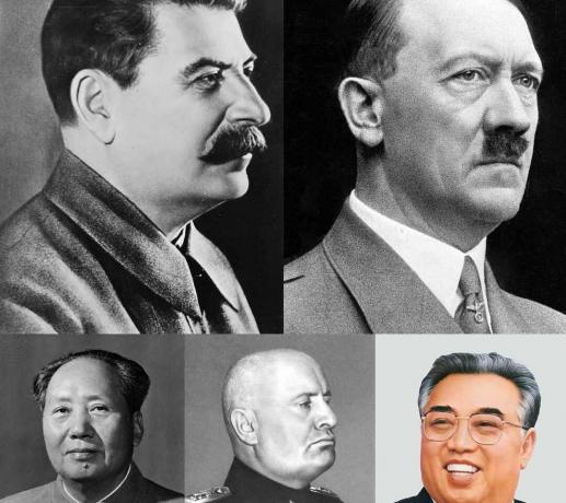 Kolaž totalitarnih voditeljev (vsaka vrstica - od leve proti desni) Joseph Stalin, Adolf Hitler, Mao Zedong, Benito Mussolini in Kim Il-sung.