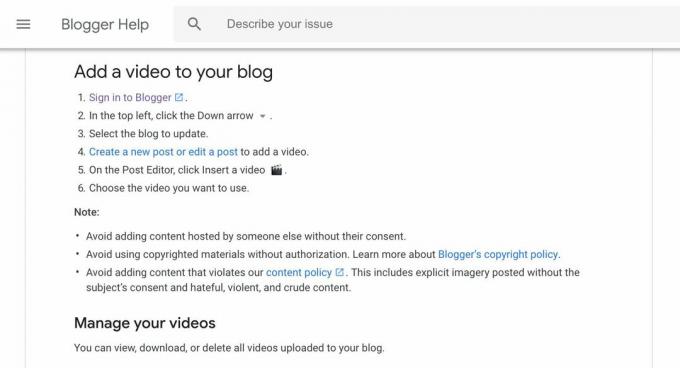 Bloggerjeva stran s pomočjo o dodajanju videoposnetkov v svoj spletni dnevnik