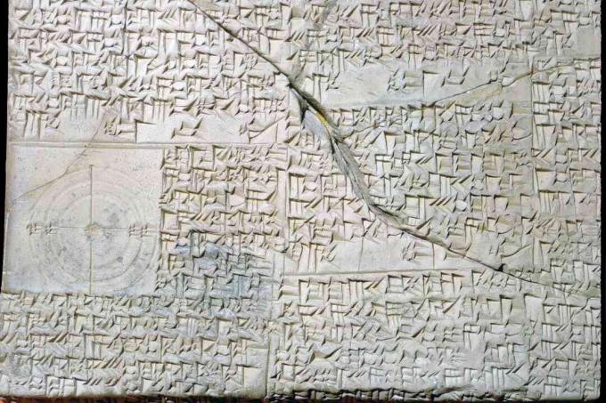 Cuneiform babilonska glinena tableta z geometrijskimi težavami.