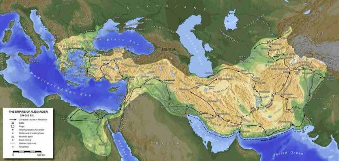 Zemljevid, ki prikazuje osvajanja Aleksandra Velikega.