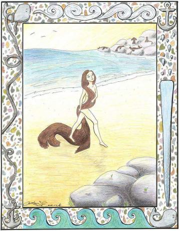 Selki ženska pride iz morja in odvrže kožo tjulnjev.