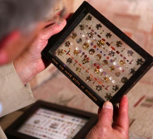 Avtor Charles Allen pregleduje originalne dragulje iz Piprahwa Stupa