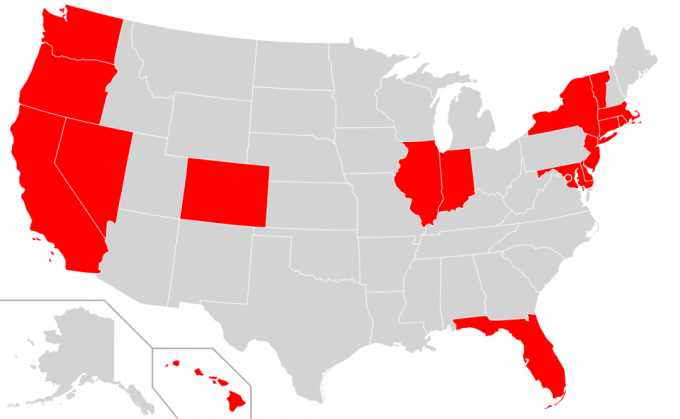 Zemljevid, ki prikazuje zvezne države ZDA, ki so od avgusta 2019 sprejele zakone o preprečevanju nasilja z rdečo zastavo.