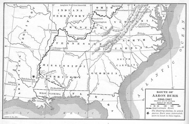 Zemljevid ponazarja približno pot nekdanjega podpredsednika ZDA Aarona Burra med njegovim potovanjem po reki Mississippi v tako imenovani zaroti Burr v letih 1806-1807.