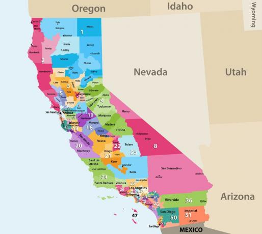 Zemljevid 53 kalifornijskih kongresnih okrožij v ZDA.